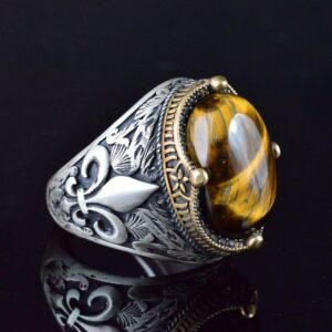 Zambak Desenli Gümüş Yüzük - 925 Ayar Gümüş El Yapımı Erkek Takısı (Kaplan Göz) - Görsel 4