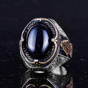 Mavi Güneş Taşı Yapay Taş Yüzük, 925 Ayar Gümüş Erkek Yüzüğü, Şık El Yapımı Gümüş Yüzük - Görsel 5