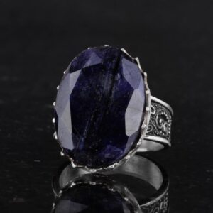 925 Ayar Gümüş Yüzük - Büyük Yüzük - Yapay Taş Gümüş Yüzük - El Yapımı Yüzük (Yapay Safir) - Görsel 6