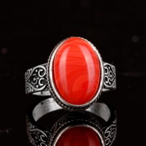 925 Ayar Gümüş Erkek Yüzük, Doğal Taş Yüzük, Kırmızı Mercan Taşı, Gümüş Takı, Mercan Taşı Yüzük - Görsel 4