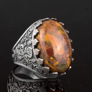 Gerçek Doğal Jasper Taşı Yüzük, Büyük Yüzük, 925 Ayar Gümüş Yüzük Erkekler İçin - Görsel 4