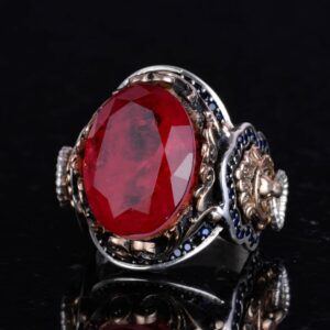 925 Ayar Gümüş Yüzük, Kırmızı Paraiba Yapay Taş Yüzük, Aslan Sembol Yüzük - Görsel 5