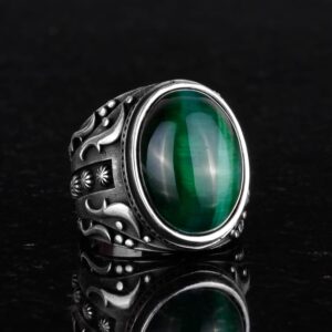 Yeşil Kedi Gözü Yapay Taş Yüzük, 925 Ayar Gümüş Yüzük, Tasarım Gümüş Erkek Yüzüğü - Görsel 3