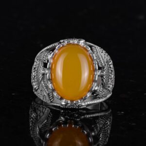 Doğal Sarı Akik Taş Yüzük, 925 Ayar Sert Gümüş İslami Yüzük Erkekler İçin - Görsel 5