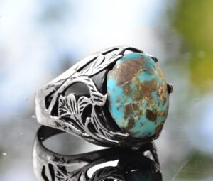 Gerçek Arizona Turkuaz Taş Yüzük, 925 Ayar Gümüş Yaprak Yüzük, Mavi - Görsel 3