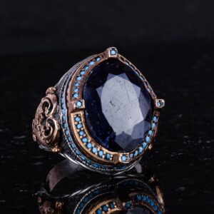925 Ayar Gümüş Yüzük, Doğal Safir Taşı ile, El Yapımı Vintage Tasarım, Erkek İfadesi Yüzüğü - Görsel 5
