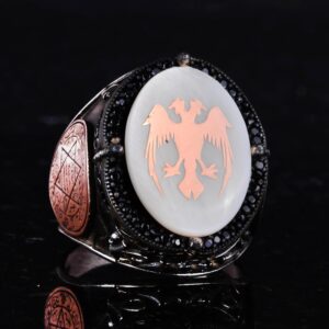 Doğal İnci Taşlı Yüzük - 925 Ayar Gümüş El Yapımı Erkek Yüzüğü - İki Başlı Kartal Tasarımı - Görsel 5