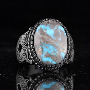 Gerçek Doğal Arizona Turkuaz Baykuş Figürlü Taş Yüzük, Gümüş Erkek Yüzüğü - El Yapımı Tasarım (Model-1) - Görsel 5