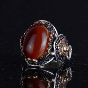 Doğal Kırmızı Akik Taş Yüzük, Aslan Başı Erkek Yüzüğü - 925 Ayar Gümüş Yüzük Erkekler İçin - Görsel 6