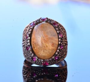 Doğal Altın Rutilat Kuvars ve Yakut Aksesuarlı - 925 Ayar Gümüş Erkek Yüzük - Görsel 3