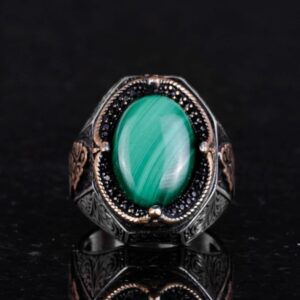 Doğal Malakit Taş Yüzük - Canlı 925 Ayar Katı Gümüş Erkek Yüzük - Görsel 4