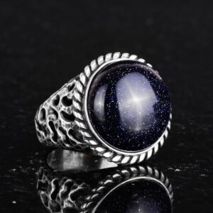 925 Ayar Gümüş Erkek Yüzük - El Yapımı Mavi Güneş Yapay Taşı Yüzük - Modern Tasarım - Görsel 3