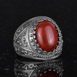 Gerçek Doğal Taş Yüzük, 925 Ayar Katı Gümüş Erkek Yüzüğü (Kırmızı Kan Taşı) - Görsel 5