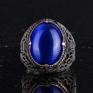 925 Ayar Gümüş Erkek Yüzük - Mavi Kedi Gözü Taş Yüzük - Erkek Yüzüğü - Görsel 4