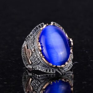 Yapay Navy Mavi Kedi Gözü Taşlı Yüzük, 925 Ayar Gümüş Taşlı Yüzük - Görsel 4
