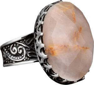 Gerçek Doğal Rutilit Kuvars Taşlı Yüzük, Büyük Yüzük, Erkek Yüzüğü, Gümüş Yüzük Erkekler İçin - Görsel 1