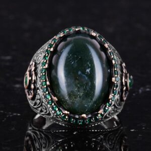 Gerçek Doğal Taş Yüzük - 925 Ayar Gümüş El Yapımı Yüzük (Yosun Agate) - Görsel 4