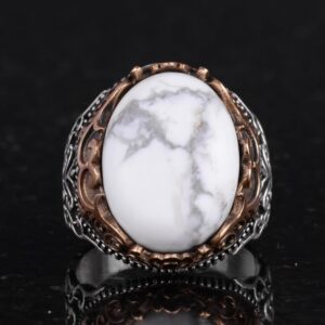 Gerçek Doğal Taş El Yapımı Yüzük - 925 Ayar Gümüş El Yapımı Yüzük - Şık Farklı Yüzük (Howlite) - Görsel 4