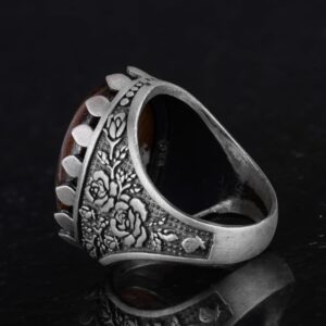 Gerçek Doğal Taş Yüzük - Gül Desenli Yüzük - 925 Ayar Gümüş Yüzük - El Yapımı Büyük Yüzük (Bronzit) - Görsel 7