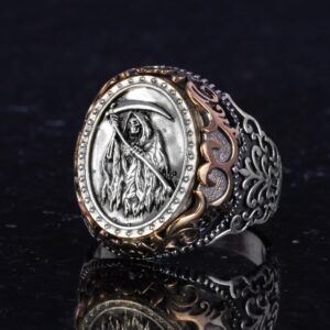 Ölüm Meleği Tasarımlı Erkek Yüzüğü - Kafatası Yüzüğü - 925 Ayar Gümüş Erkek Yüzüğü (Sarı) - Görsel 6