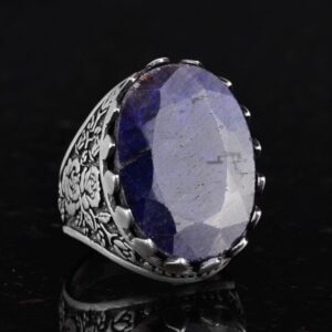 Gerçek Doğal Taş Yüzük - Gül Desenli Yüzük - 925 Ayar Gümüş Yüzük - El Yapımı Büyük Yüzük (Mavi Safir) - Görsel 5