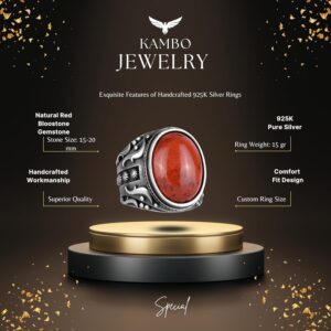 Doğal Kırmızı Kan Taşı Yüzük, 925 Ayar Sert Gümüş Yüzük, Tasarım Gümüş Erkek Yüzüğü - Görsel 2