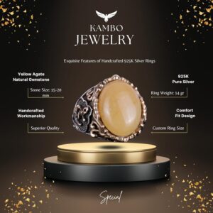 925 Ayar Katı Gümüş Erkek Yüzük, Sarı Akik Taşı Yüzük - El Yapımı Tasarım - Görsel 2