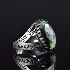 İslami Prehnit Doğal Taş Yüzük, Zülfikar Kılıcı Tasarımı, 925 Ayar Gümüş Erkek Yüzük - Görsel 4