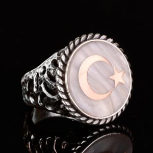 925 Ayar Gümüş Yüzük - İmza Yüzüğü - Semboller Yüzüğü (Yıldız ve Hilal) - Görsel 4