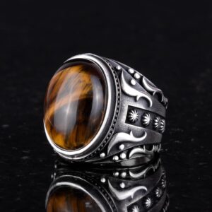 El Yapımı Kaplan Göz Taşı Yüzük, 925 Ayar Sert Gümüş Erkek Yüzüğü, Cesur Tasarım - Görsel 4