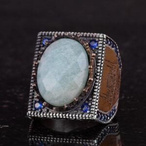 Gerçek Doğal Amazonit Taş Yüzük - 925 Ayar Gümüş İslami Yüzük - El Yapımı Hat Yüzük - Görsel 6