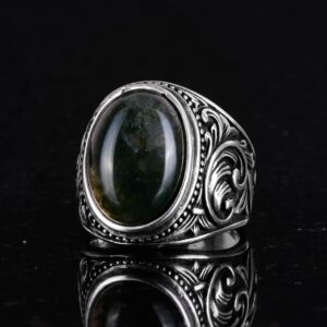 Doğal Yosun Akik Taşı Yüzük, 925 Ayar Solid Gümüş Erkek Yüzüğü, El Yapımı Zarafet - Görsel 4