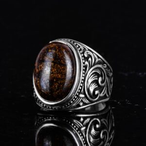 925 Ayar Katı Gümüş Erkek Yüzük, El Yapımı Bronzit Taşı Yüzük - Görsel 5
