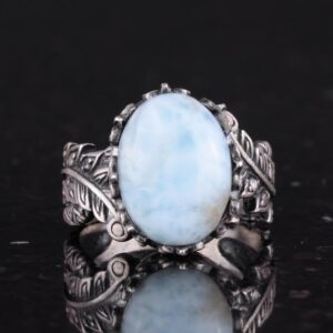 Sterling Gümüş Kadın Yüzük, Gerçek Doğal Larimar Taşı ile, Vintage Bohem Tasarım - Görsel 4