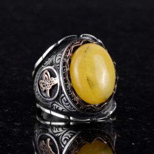 Osmanlı Tuğra Gümüş Yüzük, Doğal Sarı Akik Taşlı Yüzük, 925 Ayar Gümüş Yüzük Erkekler İçin - Görsel 4