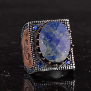 Gerçek Doğal Sodalit Taş Yüzük - 925 Ayar Gümüş İslami Yüzük - El Yapımı Hat Yüzük - Görsel 5