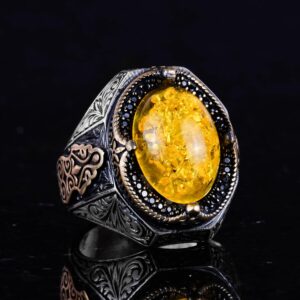 Şık El Yapımı 925 Ayar Gümüş Erkek Yüzüğü, Yapay Açık Sarı Amber Taşı) - Görsel 6