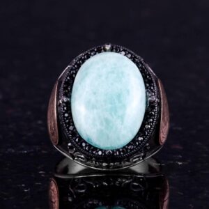 Doğal Cabochon Amazonit Taş Yüzük, Sürekli 925K Katı Gümüş Erkek Yüzüğü - Süleyman Mührü Gümüş Yüzük - Görsel 5