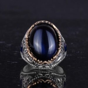 Yapay Taş Yüzük - El Yapımı Erkek Yüzüğü - Zarif 925 Ayar Gümüş Erkek Yüzüğü (Yapay Lacivert Kedi Göz) - Görsel 4