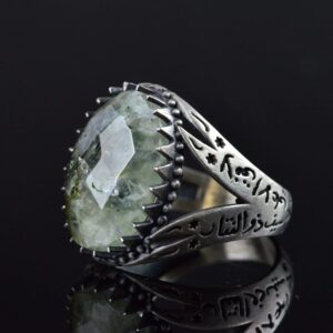 İslami Prehnit Doğal Taş Yüzük, Zülfikar Kılıcı Tasarımı, 925 Ayar Gümüş Erkek Yüzük - Görsel 5