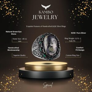 Gerçek Doğal Yeşil Göz Taşı Yüzük - El Yapımı 925 Ayar Gümüş Erkek Takısı - Görsel 2