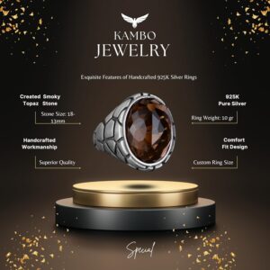 Erkekler İçin Lüks 925 Ayar Gümüş Yapay Taş Yüzükler - Çeşitli Koleksiyon (Dumanlı Kuvars Yapay Taş) - Görsel 5