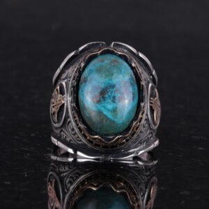 Gerçek Doğal Krysokolla Taşı Yüzük, Osmanlı Tuğra Gümüş Yüzük, 925 Ayar Katı Gümüş Erkek Yüzüğü - Görsel 3