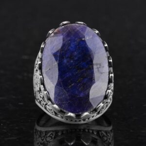 Gerçek Doğal Taş Yüzük - Gül Desenli Yüzük - 925 Ayar Gümüş Yüzük - El Yapımı Büyük Yüzük (Mavi Safir) - Görsel 4