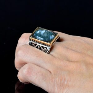 Erkekler için Katı 925 Ayar Gümüş Yüzük, Gerçek Doğal Yosunlu Akik Taşı Yüzük, Vintage Tasarım - Görsel 7