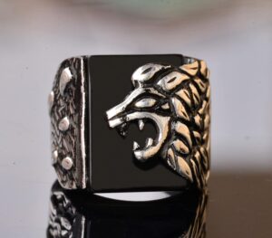 Doğal Obsidyen Taşlı Aslan Başlı Yüzük - Gümüş Erkek Yüzüğü - Görsel 5