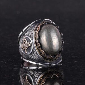 925 Ayar Katı Gümüş Erkek Yüzük, Gerçek Doğal Pirit Taşı Yüzük, Osmanlı Tugra Yüzüğü, Refah Manifestasyonu Tasarımı - Görsel 5