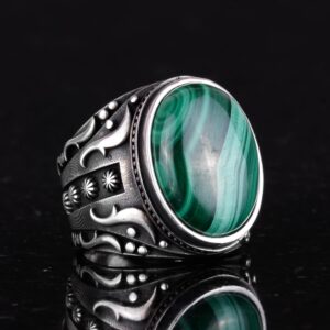 Doğal Malakit Taşlı Yüzük, 925 Ayar Sıkı Gümüş Erkek Yüzüğü - Görsel 5