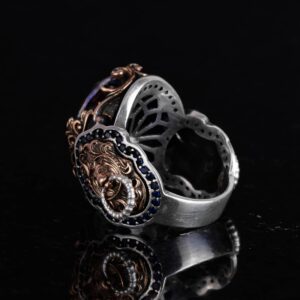 Mistik Topaz Yapay Taş Yüzük, Aslan Başı Erkek Yüzüğü, 925 Ayar Gümüş Yüzük, Tasarım Gümüş Erkek Yüzüğü - Görsel 6