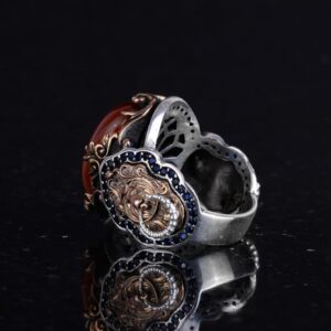Doğal Kırmızı Akik Taş Yüzük, Aslan Başı Erkek Yüzüğü - 925 Ayar Gümüş Yüzük Erkekler İçin - Görsel 7